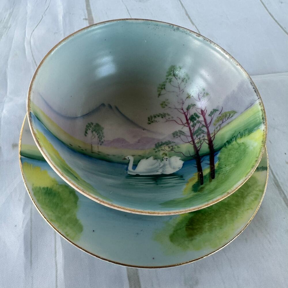Vintage Japanese Three Footed Bowl and Saucer Hand Painted Set Gold Trim